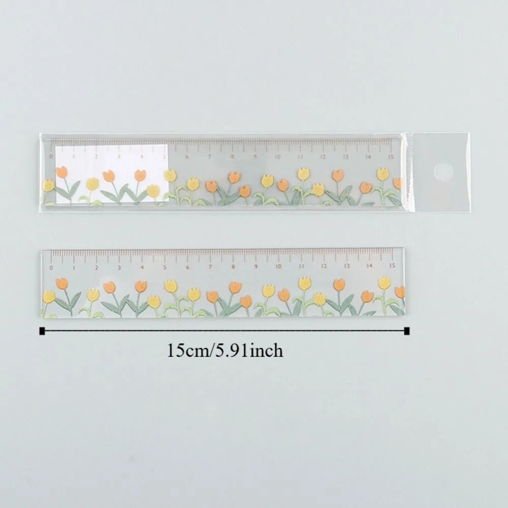 Creative Multifunction 15cm Straight Ruler Double-duty Acrylic Math Drawing Ruler Tulip Transparent Flower Bookmark Student Peaceful Pleasures Health and Wellness