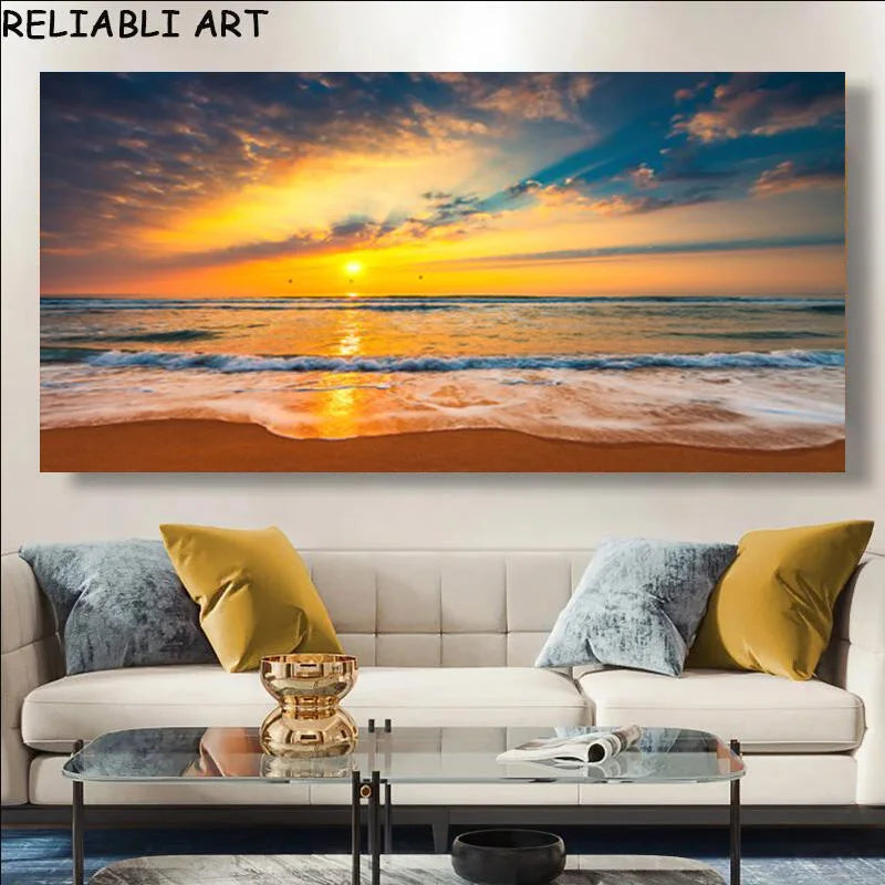 Modern Large Size Landscape Poster Wall Art Canvas Painting Sunset Beach Picture For Living Room Bedroom Home Decor No Frame Peaceful Pleasures Health and Wellness x sea 111-4 50x100cm