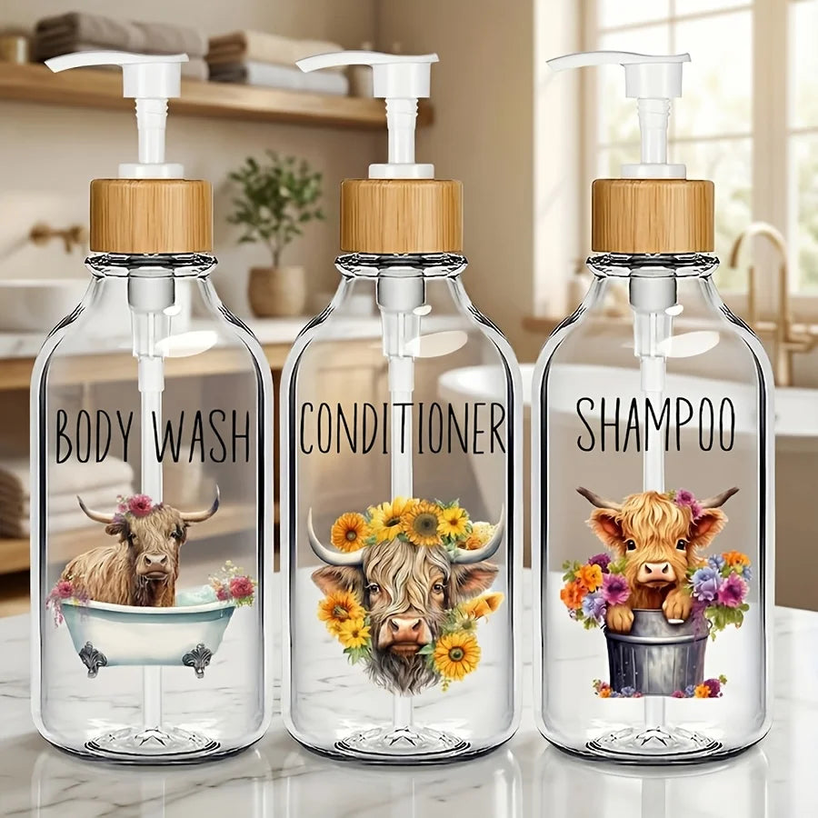 Highland Cow Sunflower Soap Dispenser – 3 Piece Refillable Clear Pump Dispenser Set