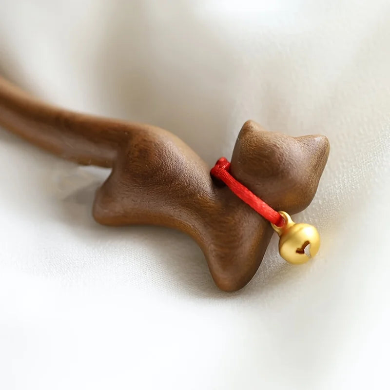 Chinese Traditional Hair Stick Vintage Golden Sandalwood Hairpin Cute Bell Cat Hair Pin Simple Retro Step Shake Hair Accessories Peaceful Pleasures Health and Wellness