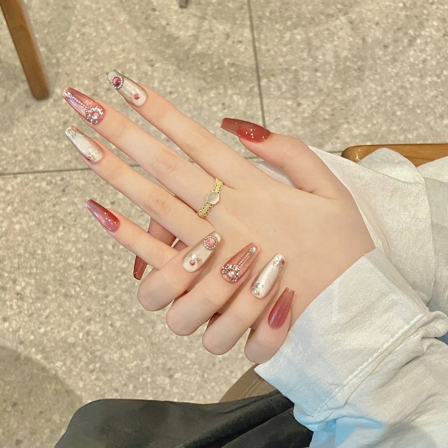 10pcs Pink Cat Eye Press On Nails – Handmade Full Cover Tips