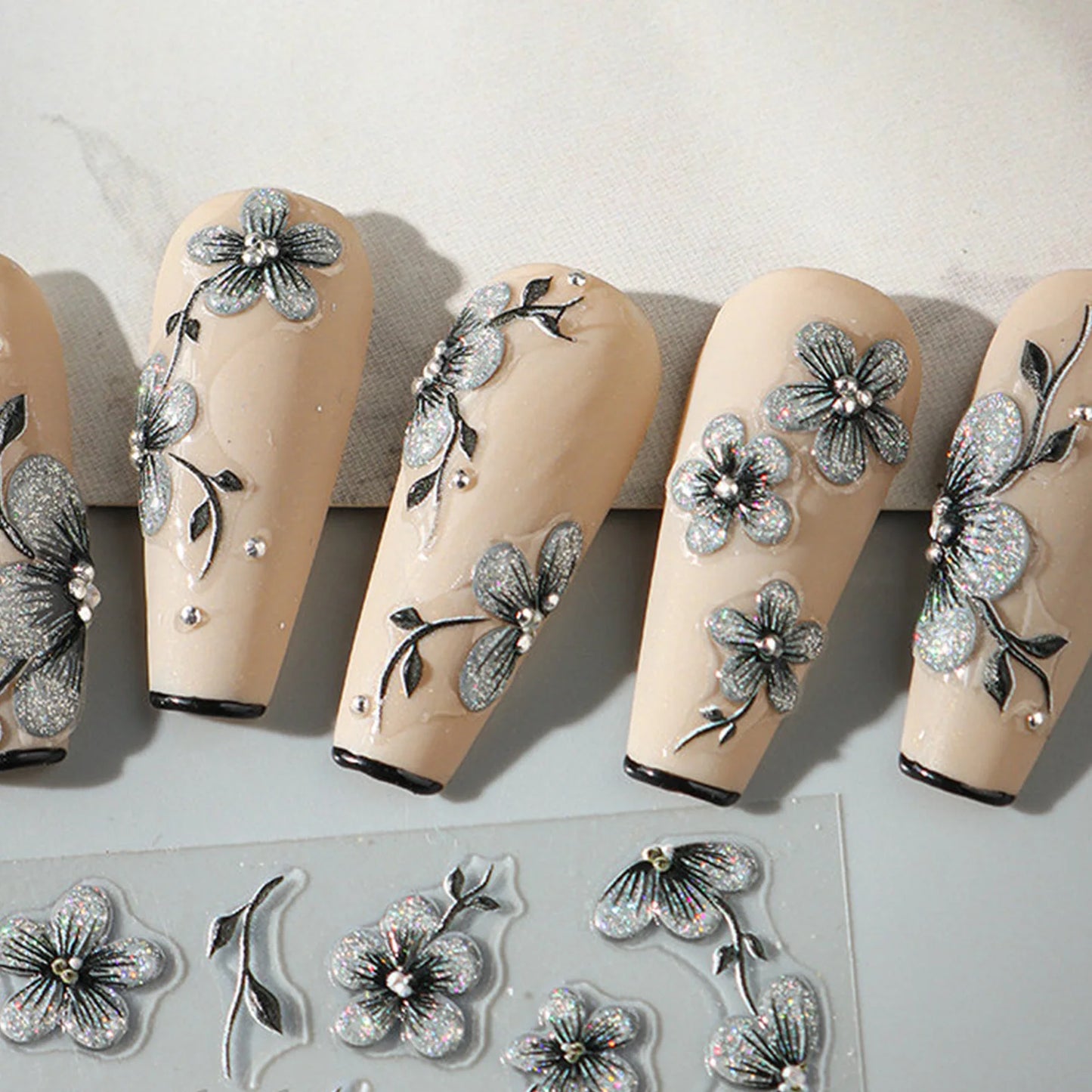 5D Embossed Flower Nail Art Stickers | Laser Glitter Decals
