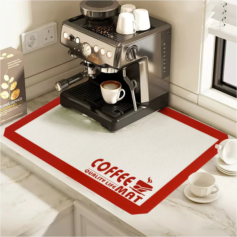 Coffee Mat - Silicone Dish Drying Mat for Kitchen - Bar Mats for Countertops Accessories Fit Under Coffee Maker Espresso Machine Peaceful Pleasures Health and Wellness Red - 42x29.5cm