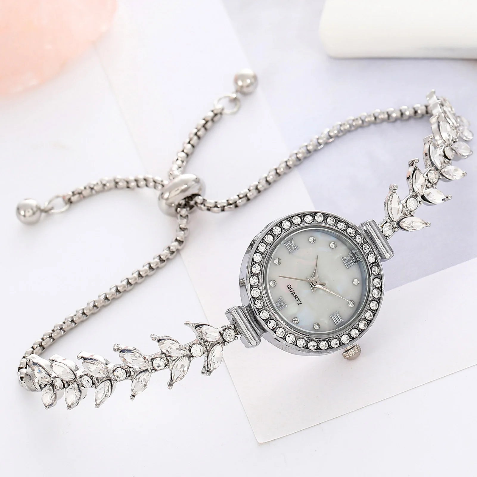 Mermaid Design Diamond Inlaid Bracelet Watch Women Adjustable Strap Quartz Wristwatch Faux Mother of Pearl Golden Ladies Watch Peaceful Pleasures Health and Wellness