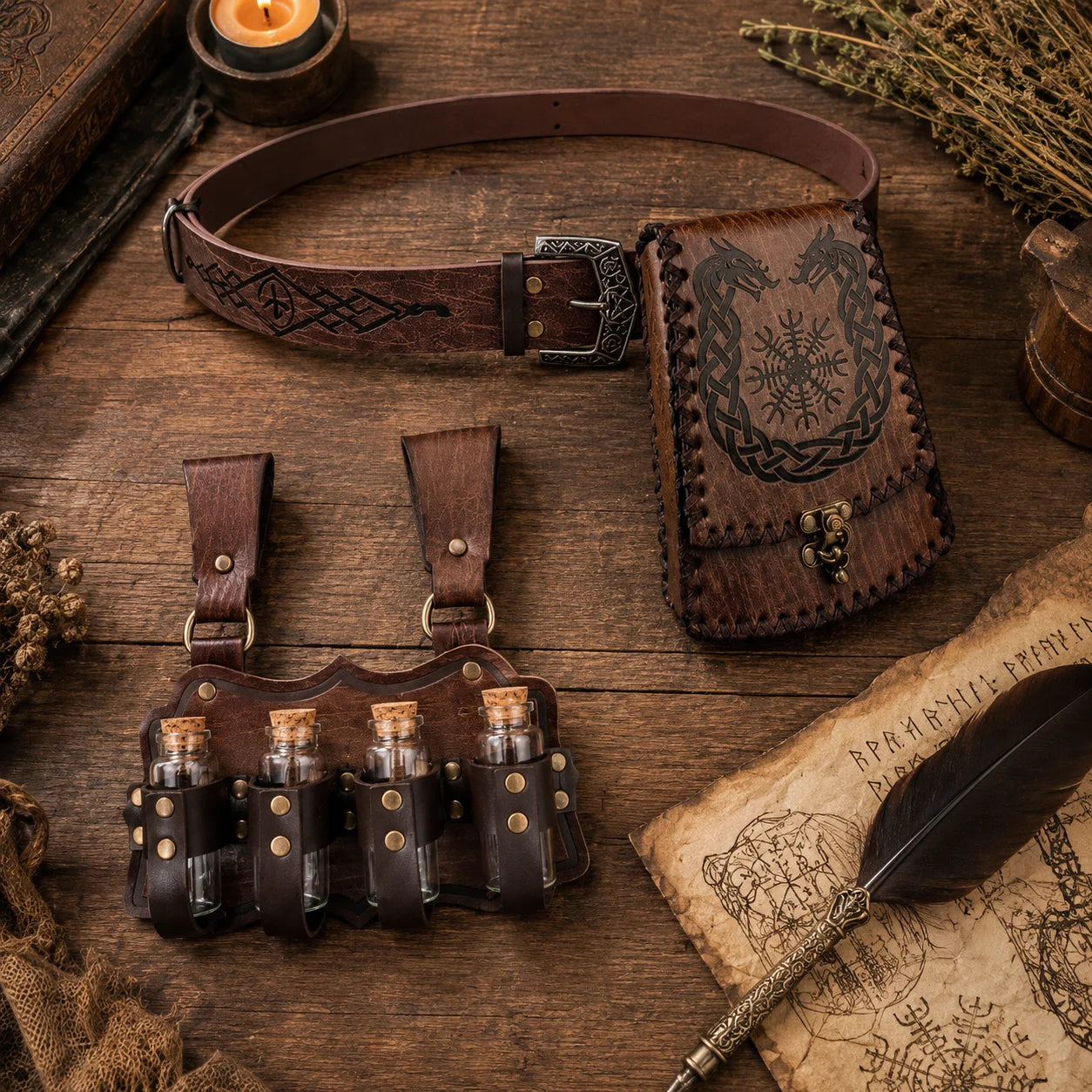 Medieval Viking Leather Belt Pouch Potion Holders Adjustable Waist