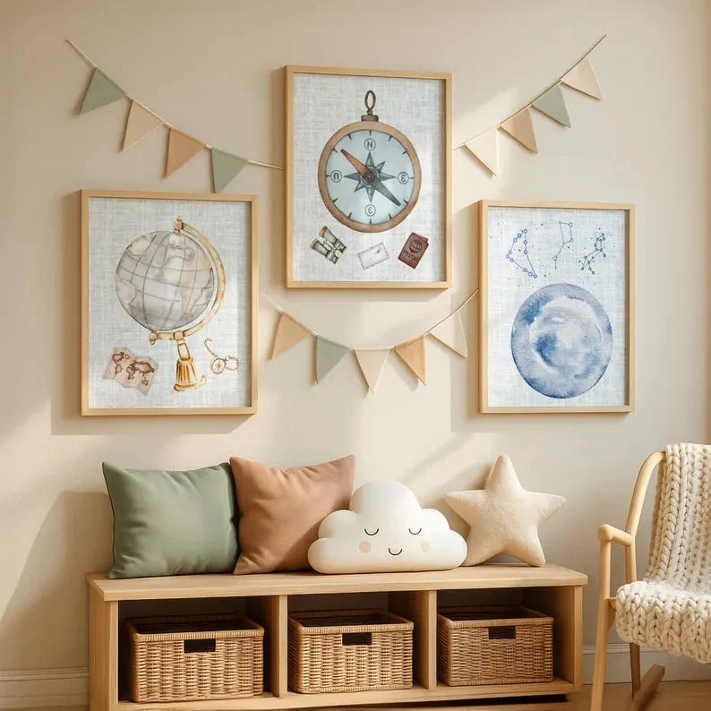3-Piece Adventure Nursery Canvas Wall Art | Compass Globe Moon