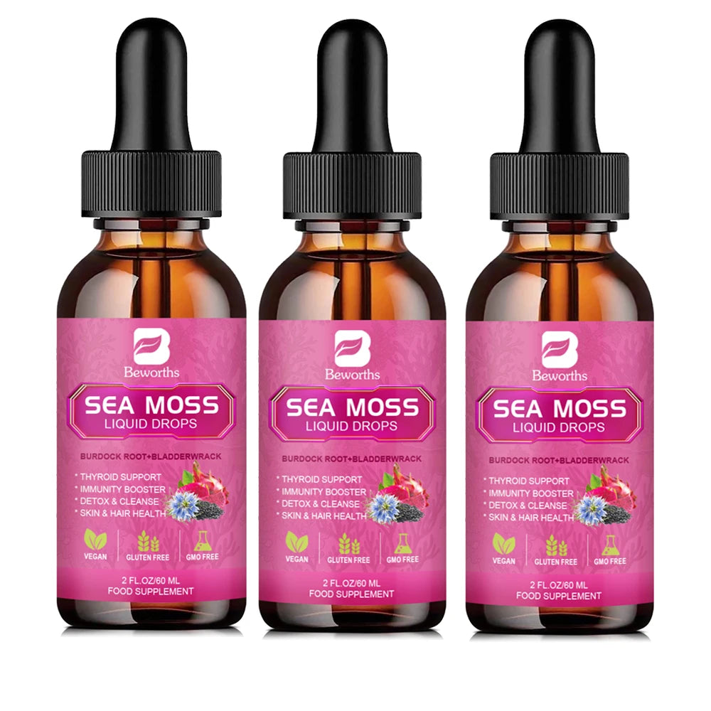 Sea Moss Liquid Drops 3000mg – Black Seed Oil, Burdock Root & Elderberry Peaceful Pleasures Health and Wellness 3bottles United States