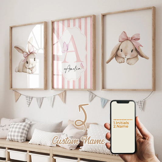 3-Piece Personalized Bow Rabbit Canvas Wall Art | Kids Room Canvas Wall Art Set Peaceful Pleasures Health and Wellness