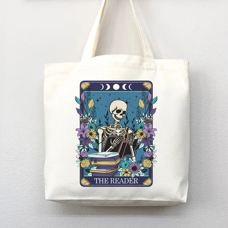 Reader Skull Large Canvas Tote Bag | Book Lover Gift Canvas Tote Bag Peaceful Pleasures Health and Wellness The Reader 45x34x10cm