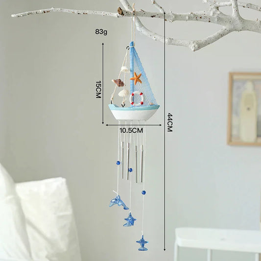 Mediterranean Wooden Sailboat Wind Chime Hanging Ornament Hanging Wind Chime Peaceful Pleasures Health and Wellness