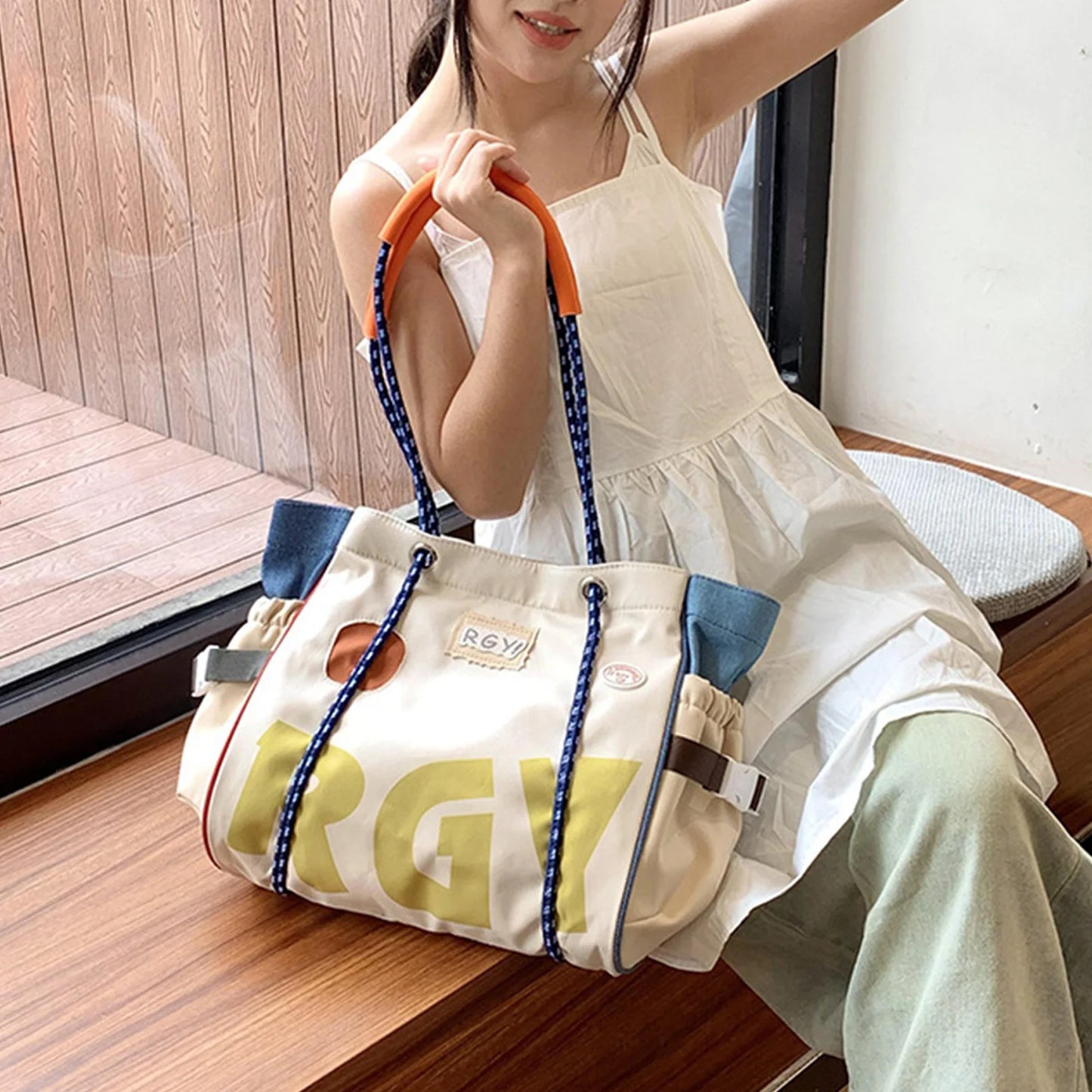 Girls Tote Bag Large Capacity Print Letter Shoulder Handbag Lightweight Durable Polyester for Daily Commute Peaceful Pleasures Health and Wellness
