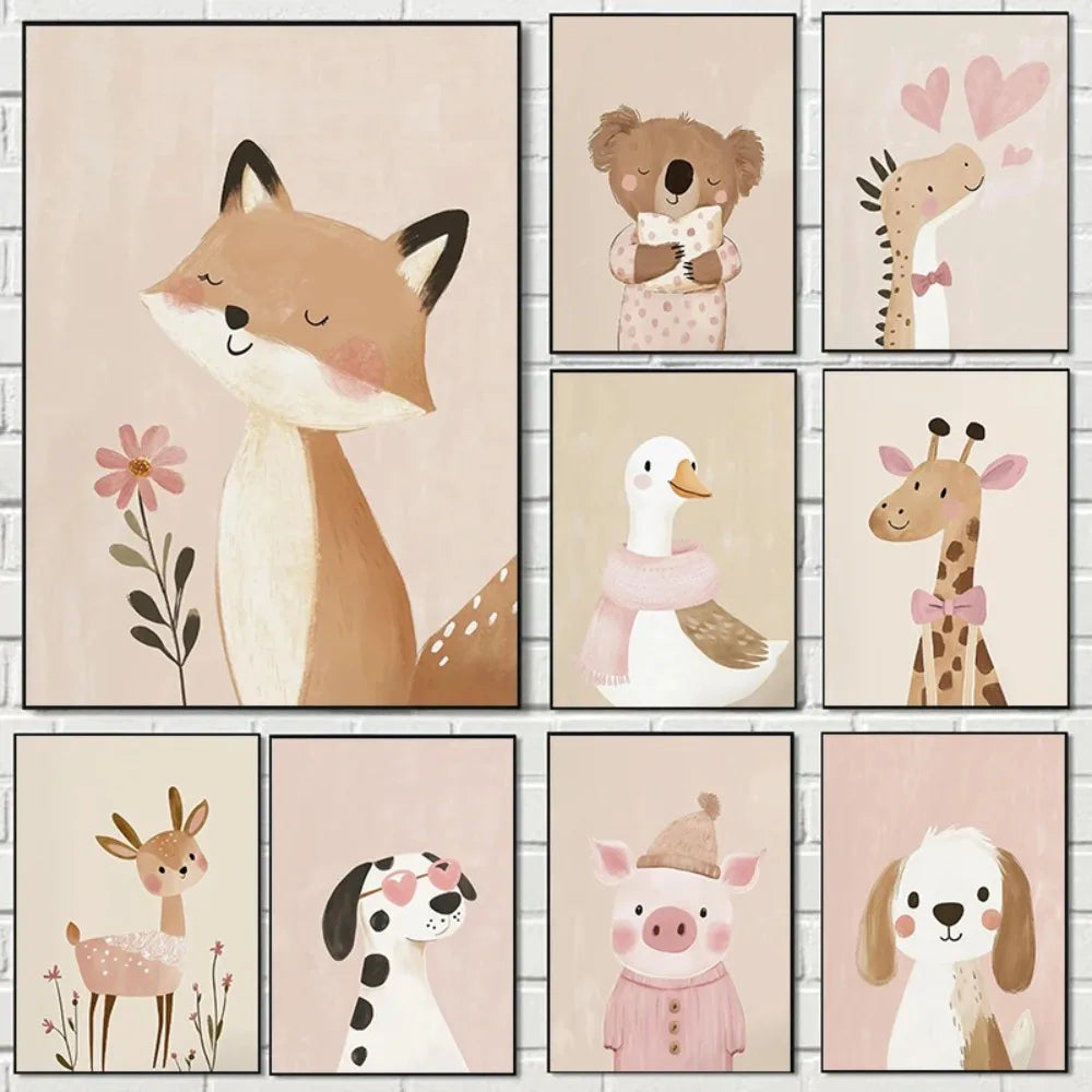 Nordic Pink Fox & Unicorn Canvas Wall Art | Cute Cartoon Print