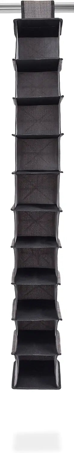Black vertical wall organizer with multiple compartments on a white background