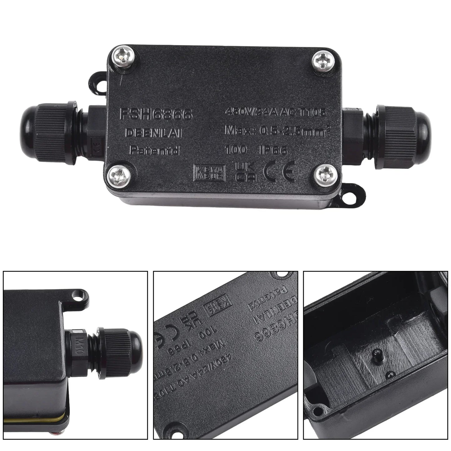 IP66 Waterproof 2-Port Outdoor Junction Box 240V Black