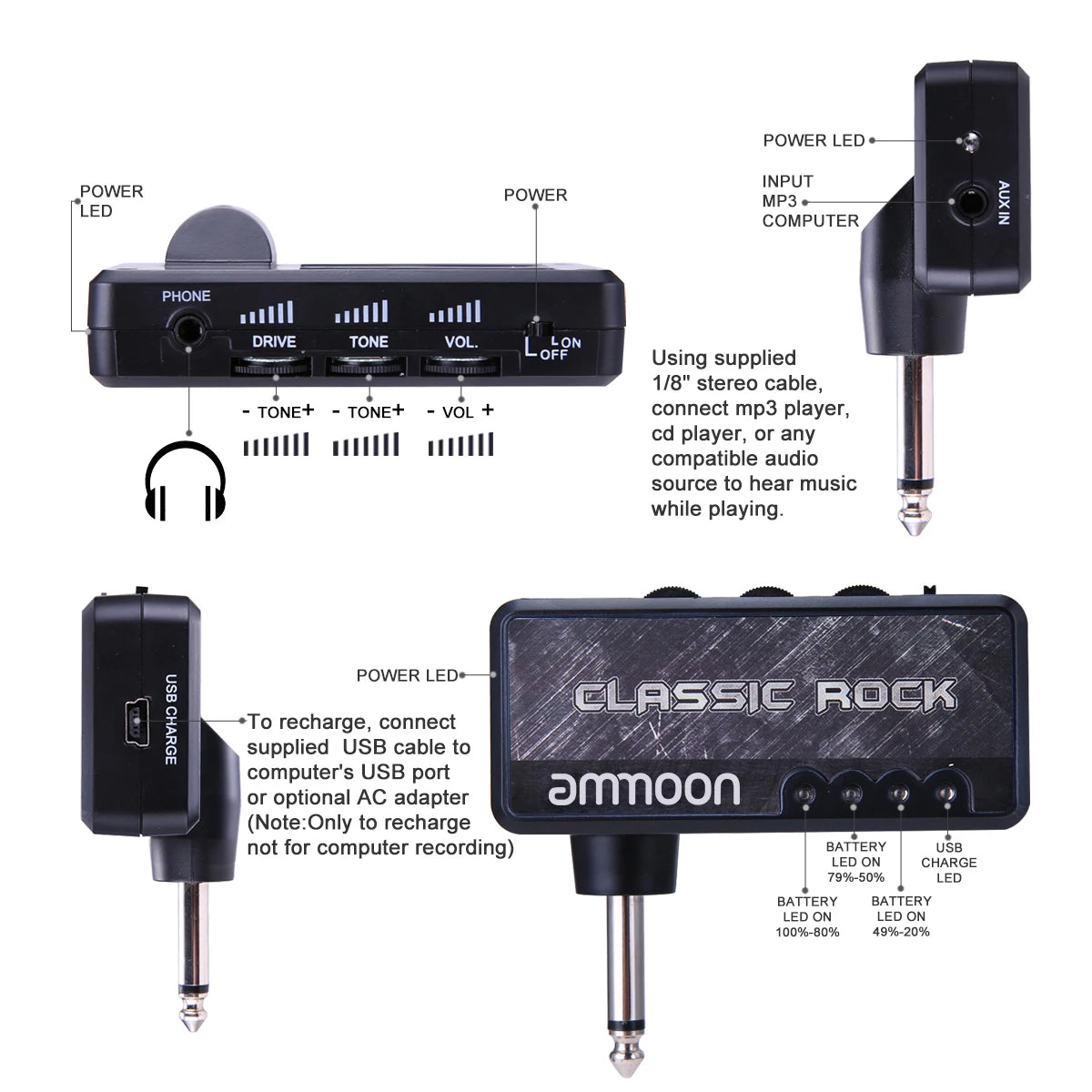 ammoon Guitar Headphone Amp | Distortion, AUX In & Rechargeable