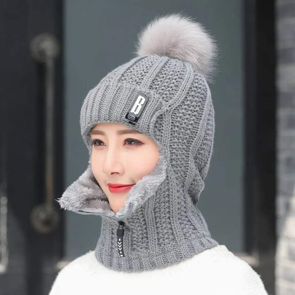 Women's 2-in-1 Scarf Beanie Hat with Zipper, Fashion & Warm Knitted Cap with Pompom, Thickened Coldproof Snow Hood for Outdoor Peaceful Pleasures Health and Wellness Gray