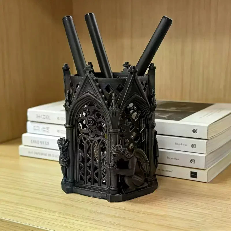 Dark Gothic Pen Holder – Black Ornamental Desk Organizer