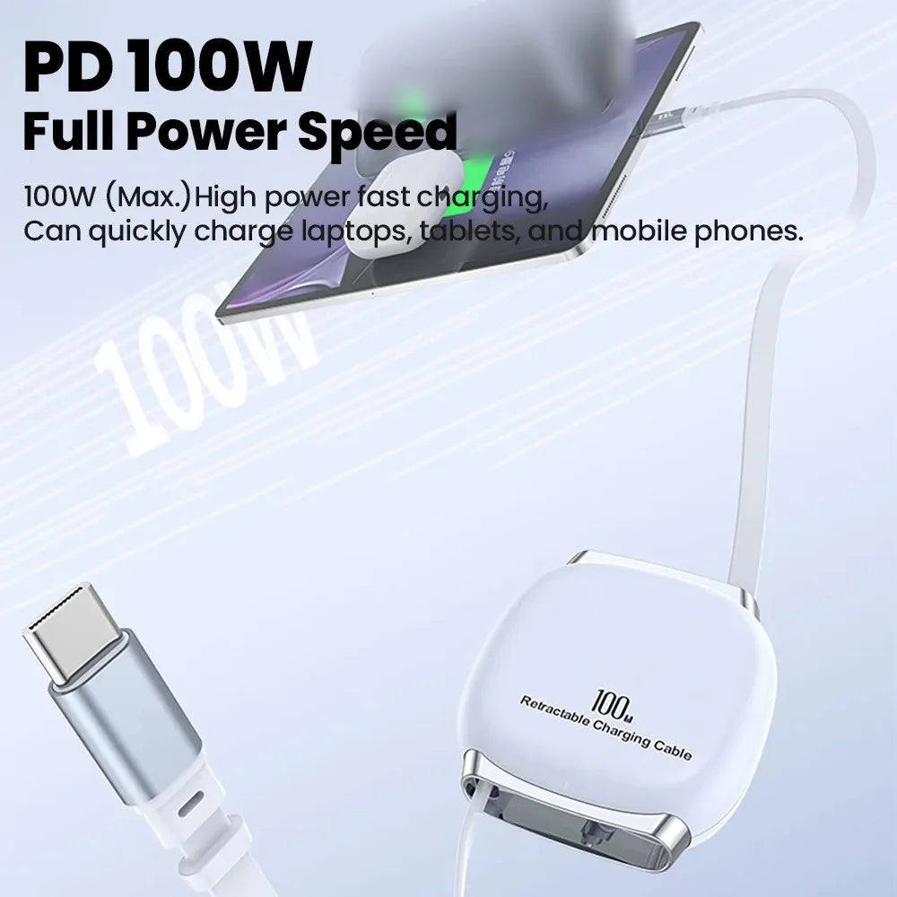 100W USB-C Retractable Fast Charging Cable with Storage Box