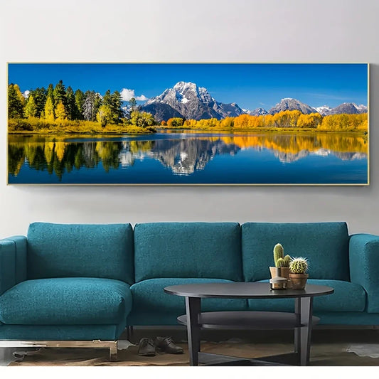 Frameless Canvas Landscape Painting – Snow Mountains & Autumn Canvas Wall Art Peaceful Pleasures Health and Wellness ZLH3415 60x180cm Unframed