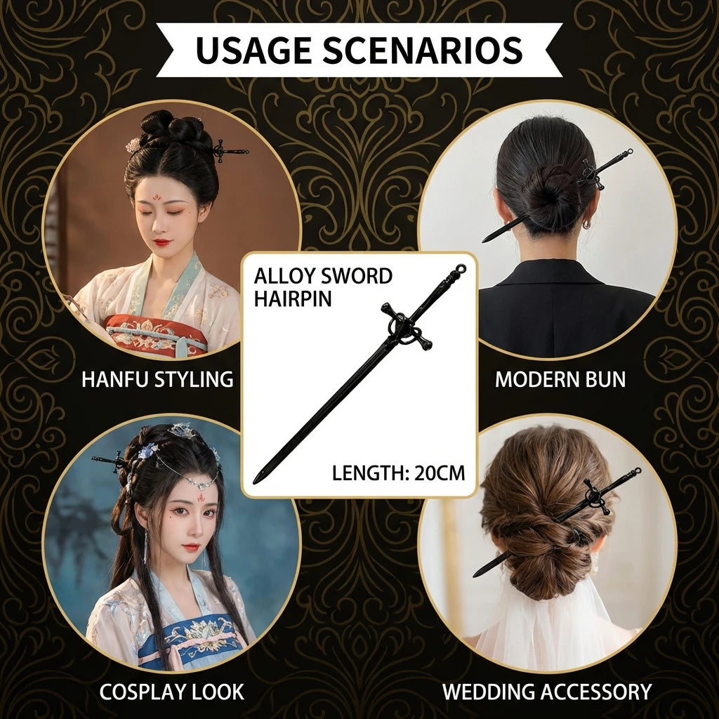 Alloy Sword Hairpin New Chinese Style Hanfu Hair Accessory Long Sword Hair Stick Peaceful Pleasures Health and Wellness