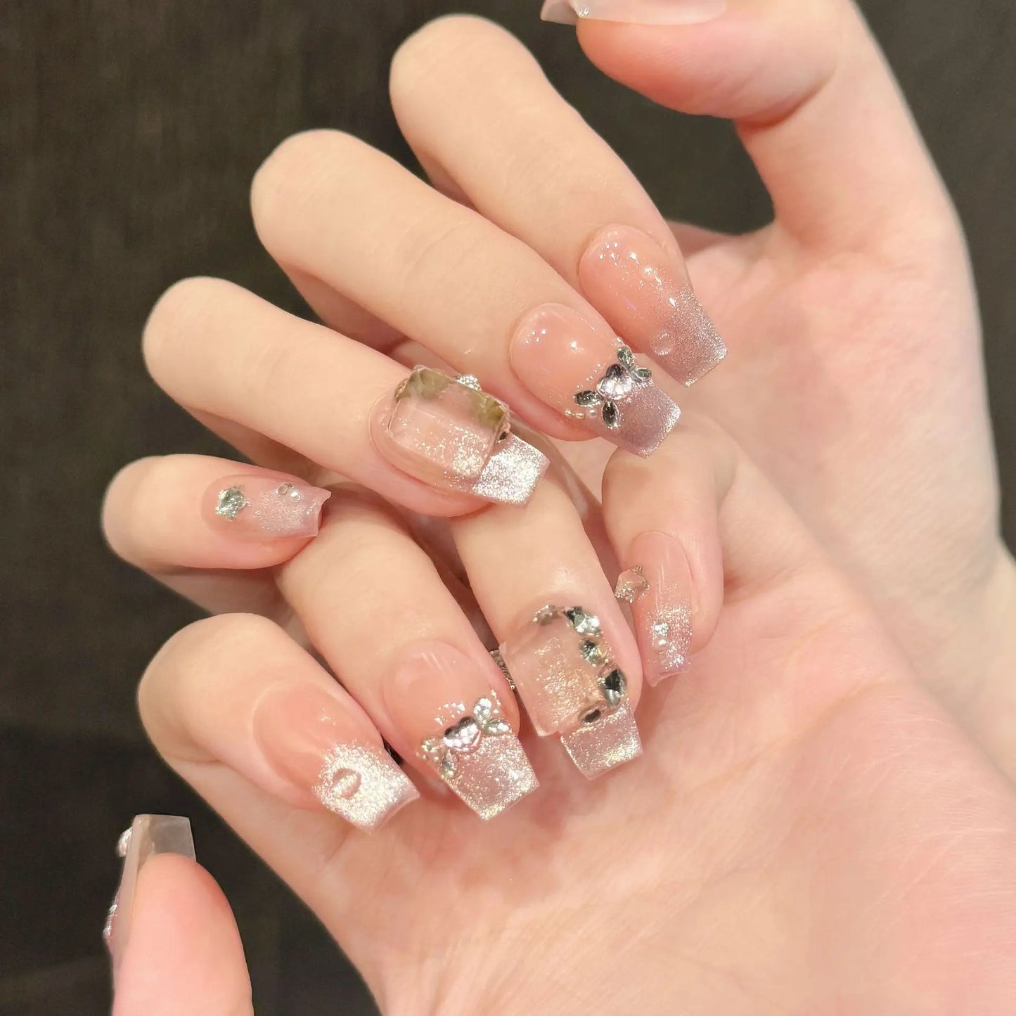 Pink Rhinestone Press On Nails – French Cat Eye 10pcs Set