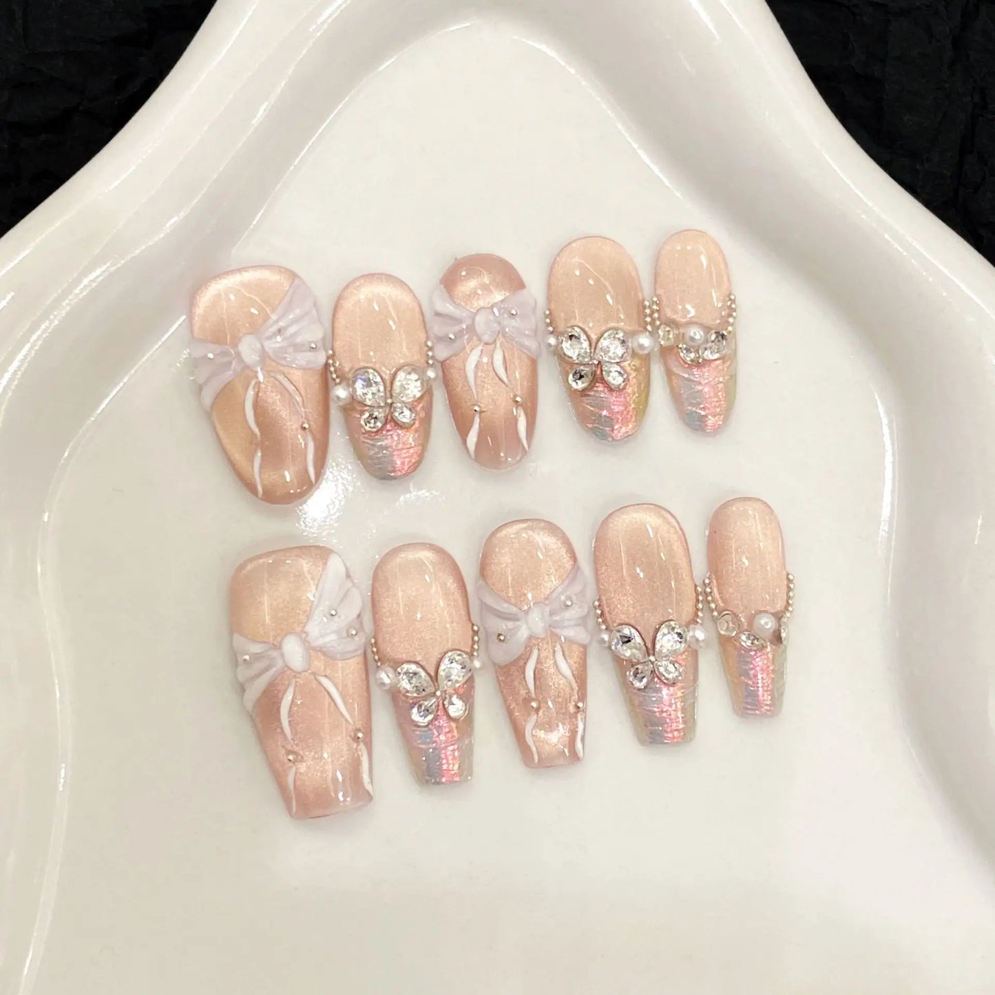 Korean 3D Bow Press On Nails | Aurora Glitter Diamond 10pcs Set