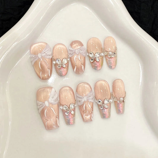 Korean 3D Bow Press On Nails | Aurora Glitter Diamond 10pcs Set Press On Nails Peaceful Pleasures Health and Wellness
