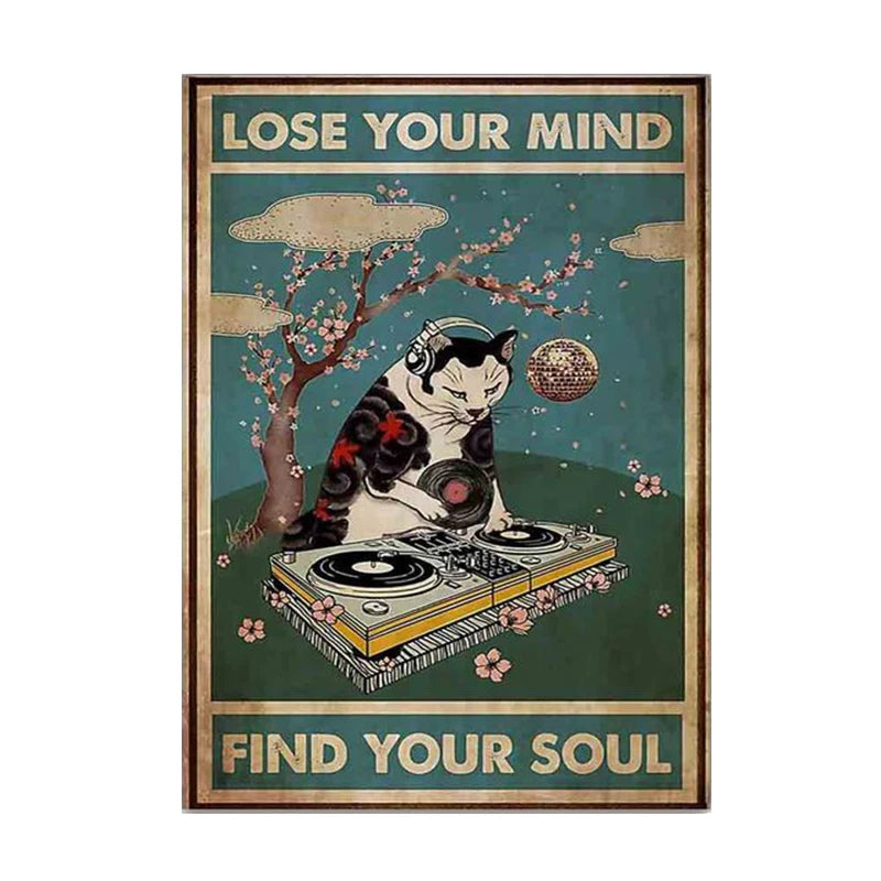 Funny Black Cat Coffee Canvas Wall Art | Retro Cat Poster