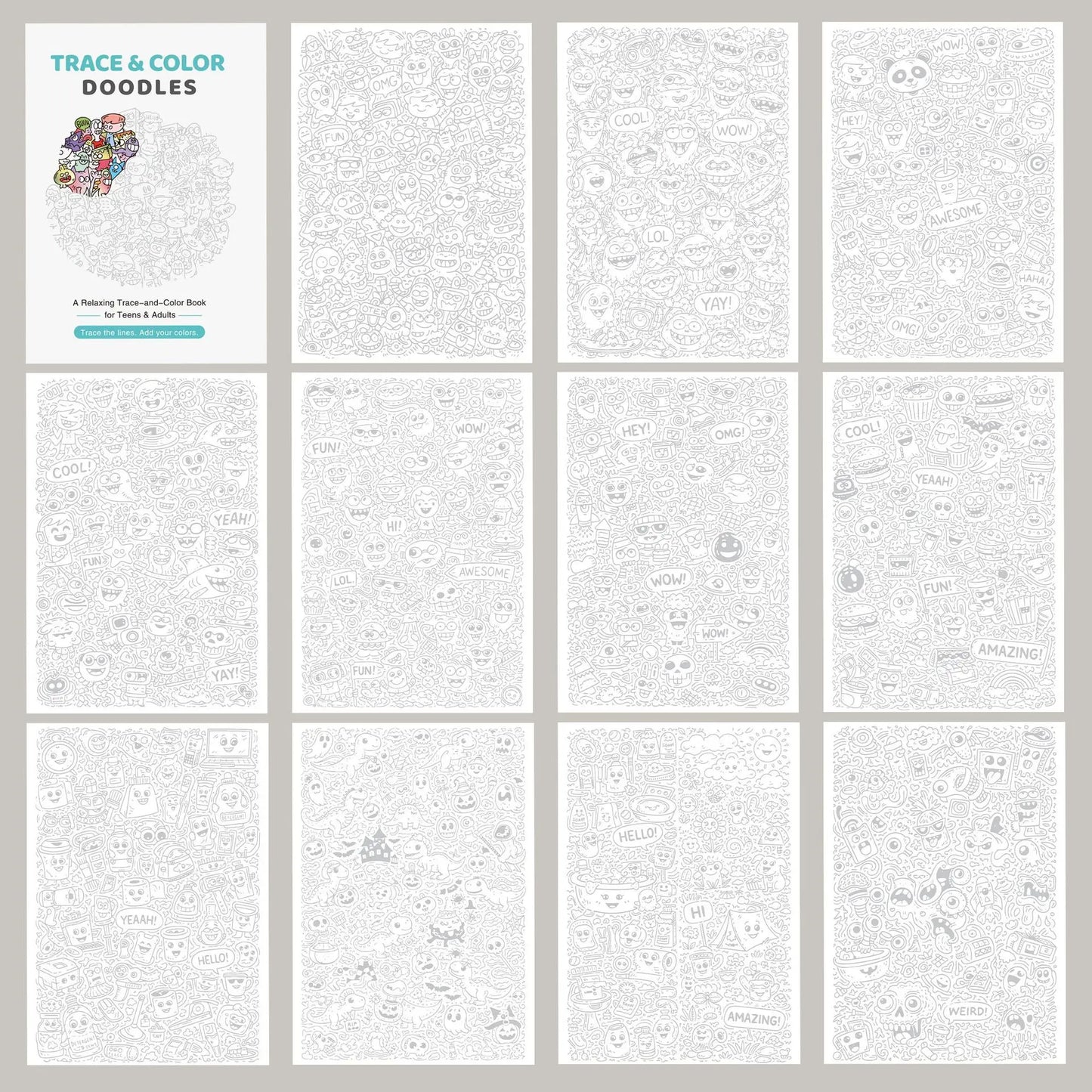 28 Page Trace&color Doodles Coloring Book Relaxing Doodle Art Tracing
