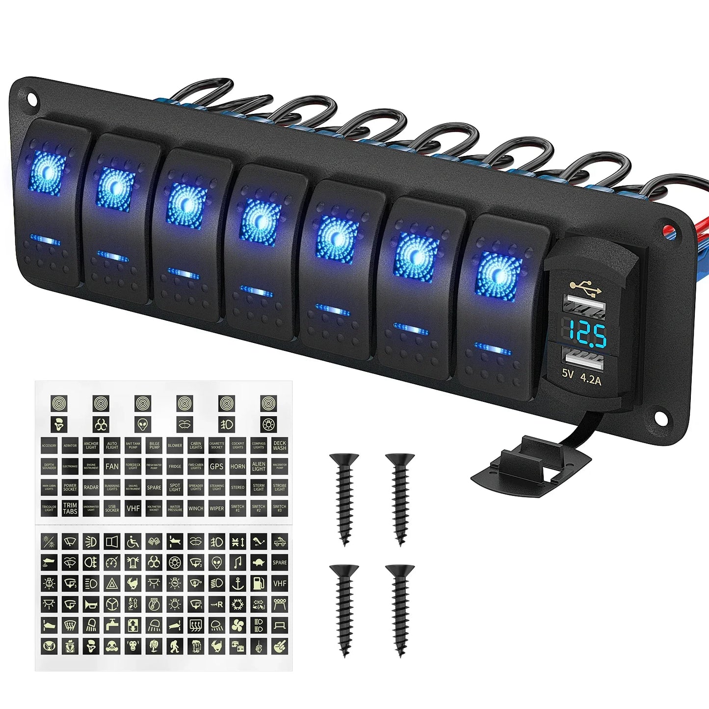7 Gang Waterproof Rocker Switch Panel – USB Charger & Voltmeter Peaceful Pleasures Health and Wellness
