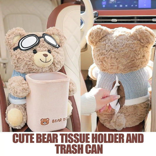 2-in-1 Plush Bear Car Tissue Holder & Armrest Trash Can Car Armrest Organizer Oasis Select