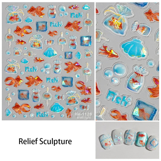 5D Relief Internet Famous Cartoon Ice Crystal Goldfish Nail Stickers Peaceful Pleasures Health and Wellness