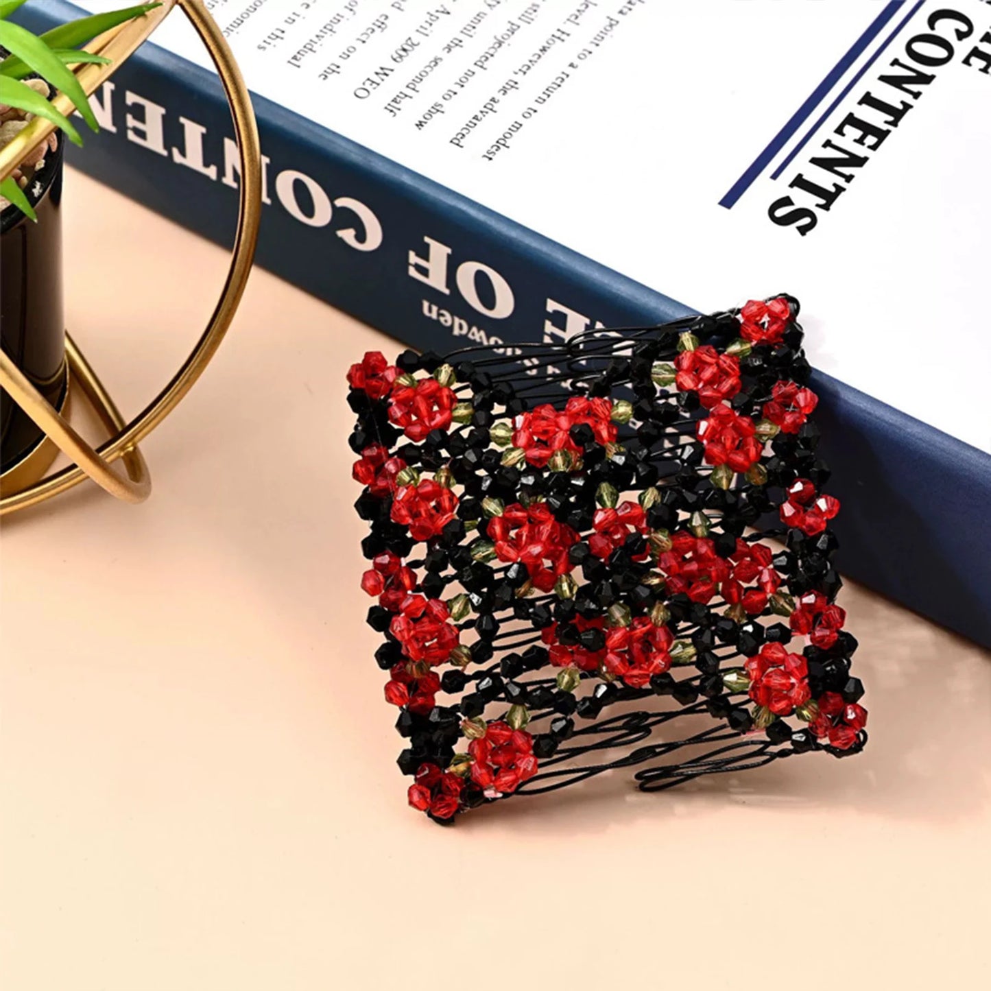 Women Magic Elastic Hair Comb 2 Row Magic Easy Stretching Hair Comb for Birthday Stage Party Hairstyle Peaceful Pleasures Health and Wellness Red