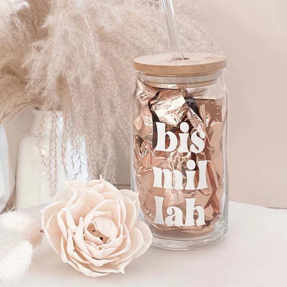 Bismillah Glass Can Cup with Lid & Straw | Eid Ramadan Gift Glass Can Cup Peaceful Pleasures Health and Wellness A 16OZ