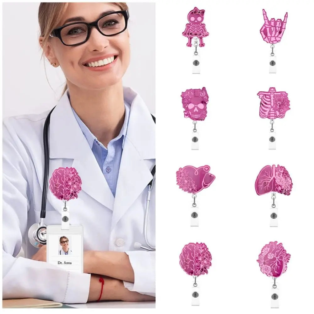Pink Nurse Retractable Badge Reel Acrylic Skull Name Card Holder ID Card Clips 360 Rotating Alligator Clip Hospital Badge Holder Peaceful Pleasures Health and Wellness