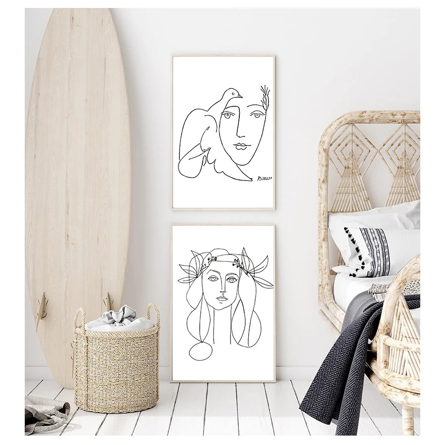 Minimalist Picasso Line Drawing Canvas Print – Woman & Bouquet