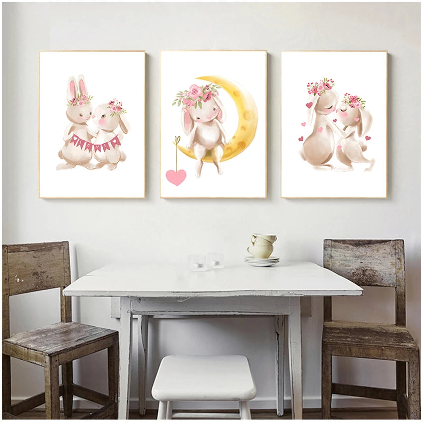 Pink Bunny Nursery Canvas Wall Art | Girls Baby Room Decor