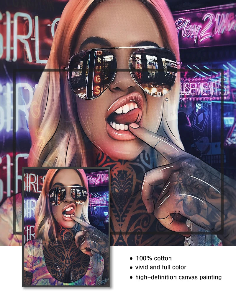 Graffiti Tattoo Woman Canvas Wall Art | Abstract Bad Girl Print