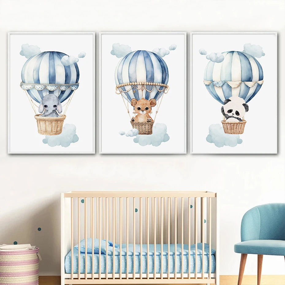 Kids Nursery Watercolor Canvas Wall Art | Monkey Lion Balloon Print