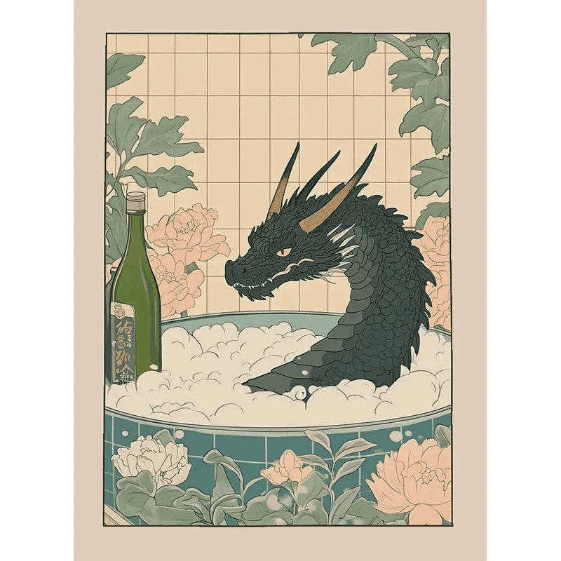 Japanese Cute Animals Bathtub Canvas Wall Art | Bathroom Decor