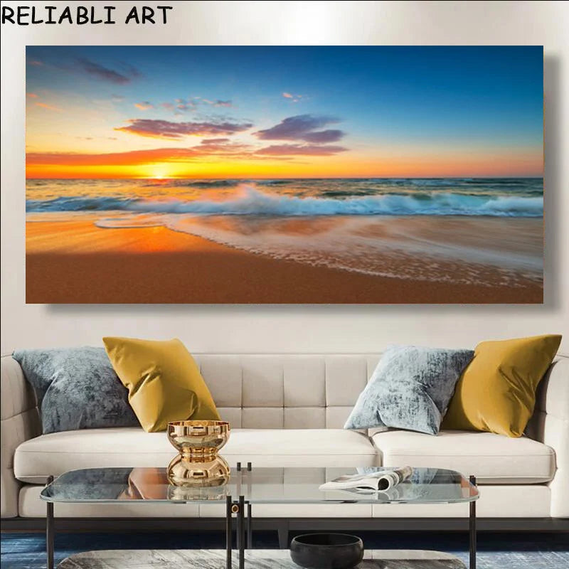 Modern Large Size Landscape Poster Wall Art Canvas Painting Sunset Beach Picture For Living Room Bedroom Home Decor No Frame Peaceful Pleasures Health and Wellness x sea 111-21 50x100cm