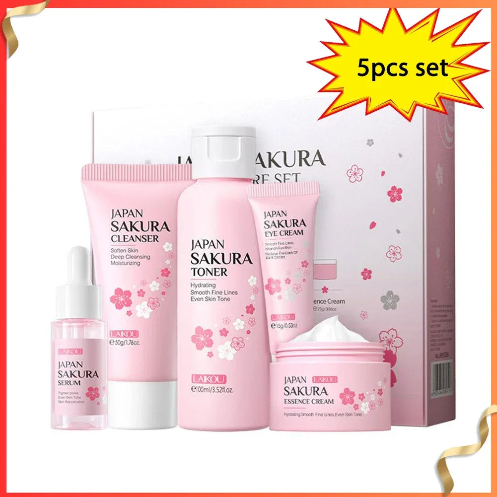 5pcs Skin Care Set Sakura Essence Skin Care Gift Sets With Cleanser,Toner,Serum,Eye Cream, Moisturizing Smooth Wrinkles Skincare Peaceful Pleasures Health and Wellness