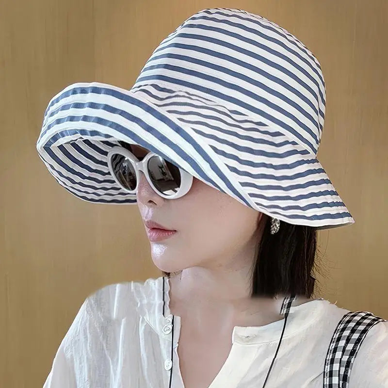 Striped Wide Brim Sun Hat – Lightweight Fisherman Cap for Women
