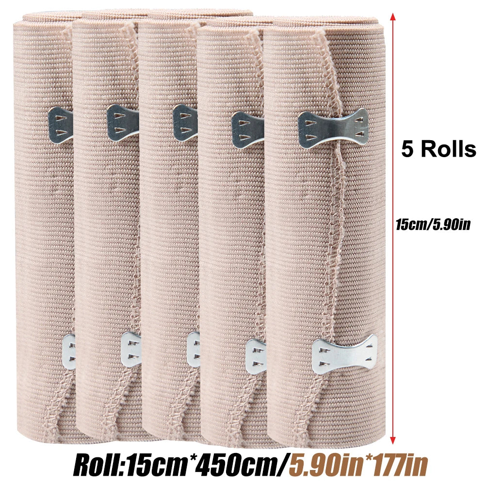 5-Pack Elastic Compression Bandage Wrap with Hooks | Sport & First Aid Compression Bandage Wrap Peaceful Pleasures Health and Wellness 15 X 450 cm (5Rolls)