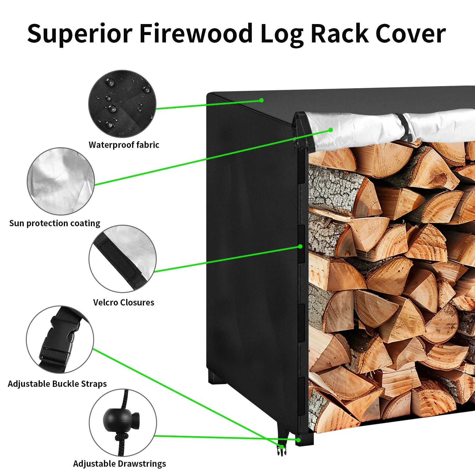 Log Rack Cover Outdoor Waterproof Wind/Snow proof Firewood Covers Log Storage Covering for Patio Garden Backyard Oxford Fabric Peaceful Pleasures Health and Wellness