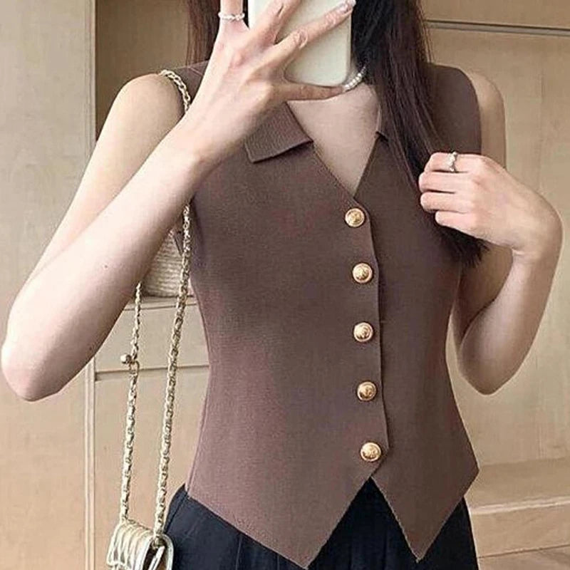 Women's V-Neck Gold Buckle Knitted Sleeveless Vest | Summer Top