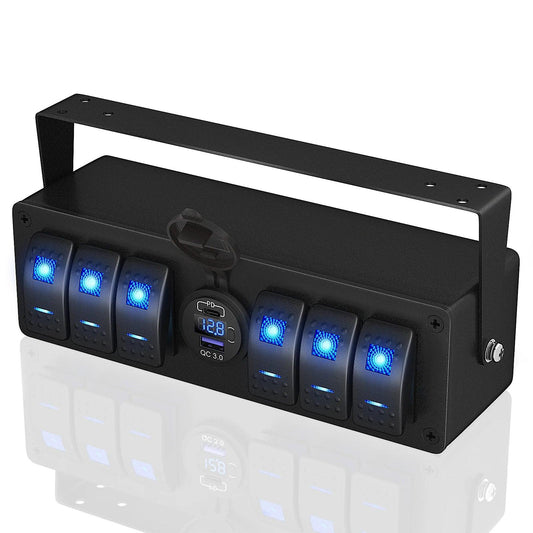 6 Gang Rocker Switch Box Waterproof 12V SPST ON/Off lED Light Bar Switch Panel with Dual USB Outlet PD3.0 & QC3.0 Car USB Port Peaceful Pleasures Health and Wellness Blue LED United States