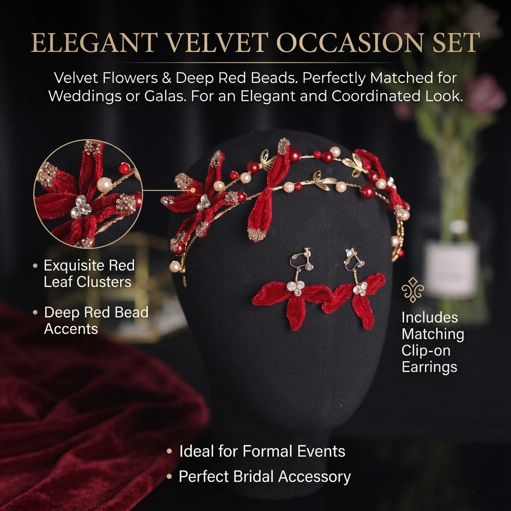 Red Velvet Bridal Headband Earring Set For Chinese Wedding Toast Ceremony Peaceful Pleasures Health and Wellness