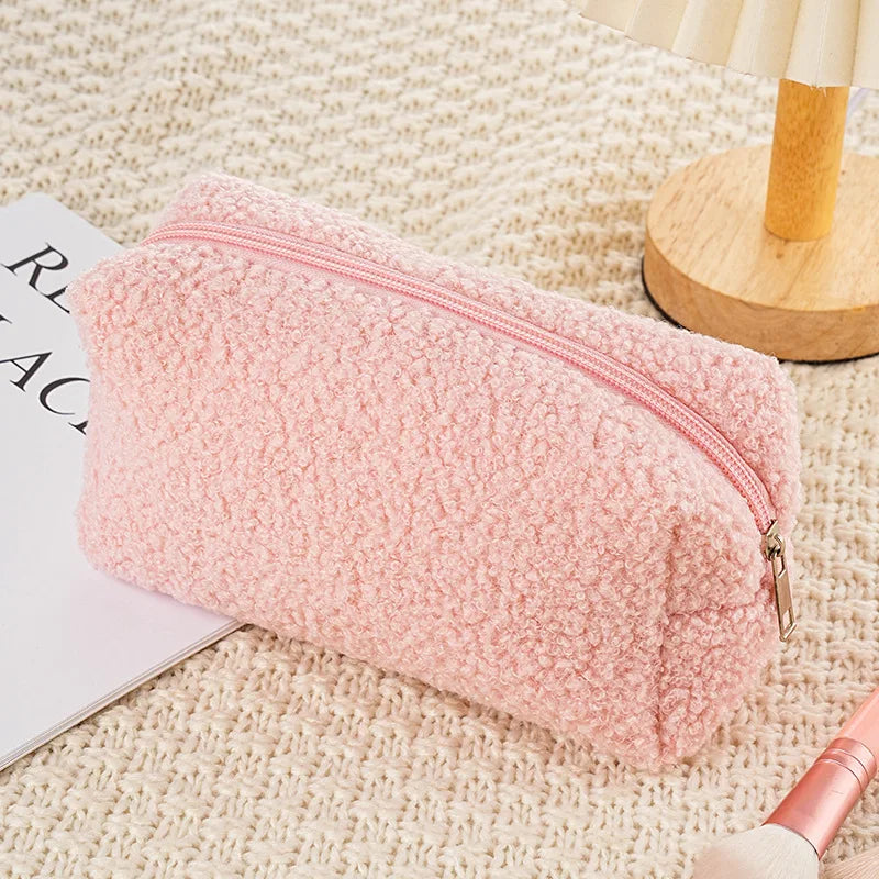 2026 Cute Zipper Plush Large Solid Color Cosmetic Bag Makeup Bag for Women Travel Make Up Toiletry Bag Washing Pouch Pen Pouch Peaceful Pleasures Health and Wellness Pink 1PC