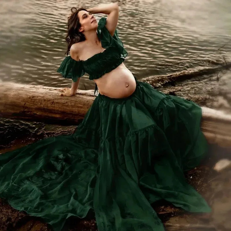 Maternity Photoshoot Dress 2 Piece Set - Off The Shoulder Chiffon Gown with High Slit, Elastic Strapless Nursing Top,Baby Shower Peaceful Pleasures Health and Wellness
